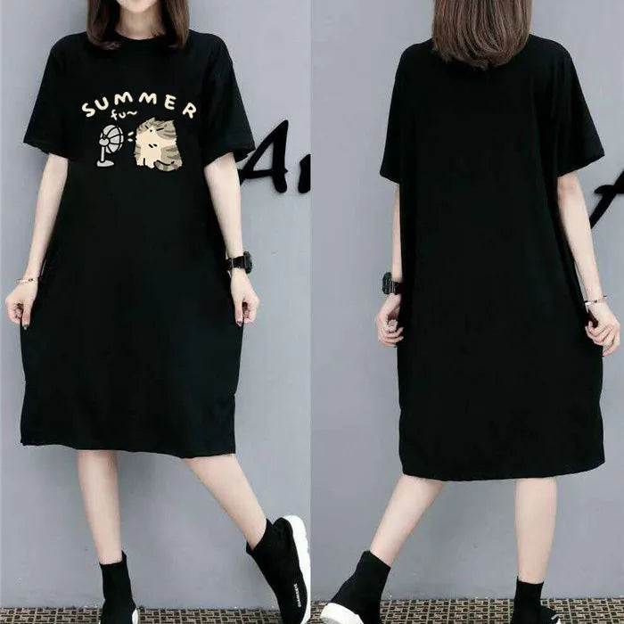 Korean Style Instagram Fashion Print Women's Summer New Plus Size Loose Pullover Short Sleeve Dress