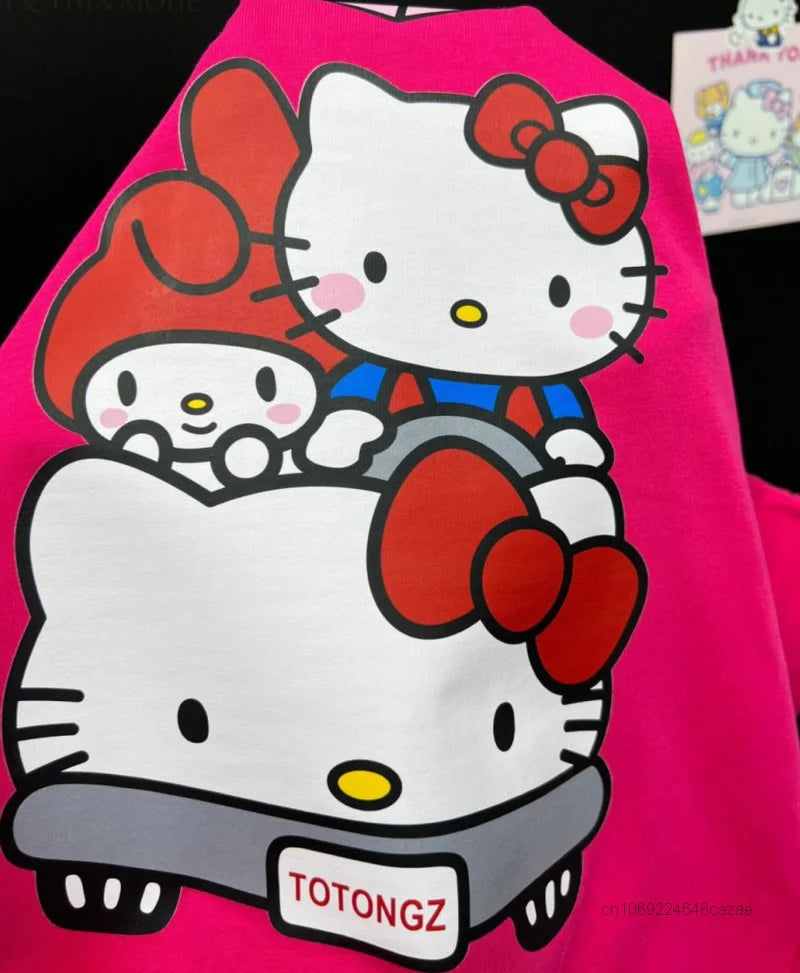 Sanrio Hello Kitty New Clothes Rose Red Fashion Short Sleeve T-shirts Y2k Summer Cotton Loose Tees Women Korean Style Sweet Tops