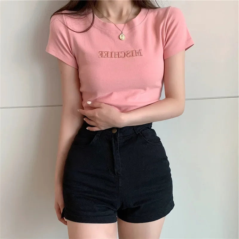 Fashionable Letter Embroidery Short Sleeve T-Shirt Women's Loose-Fit Summer New Style Slimming Base Layer Korean Version