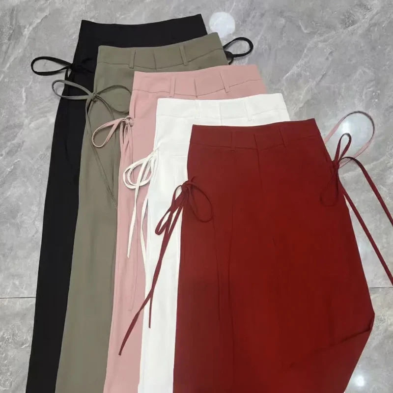 Jielur Lace-up High Waist Straight Women Suit Pants Summer Slim Loose Full Length Female Wide Leg Pants Casual Chic Office Lady