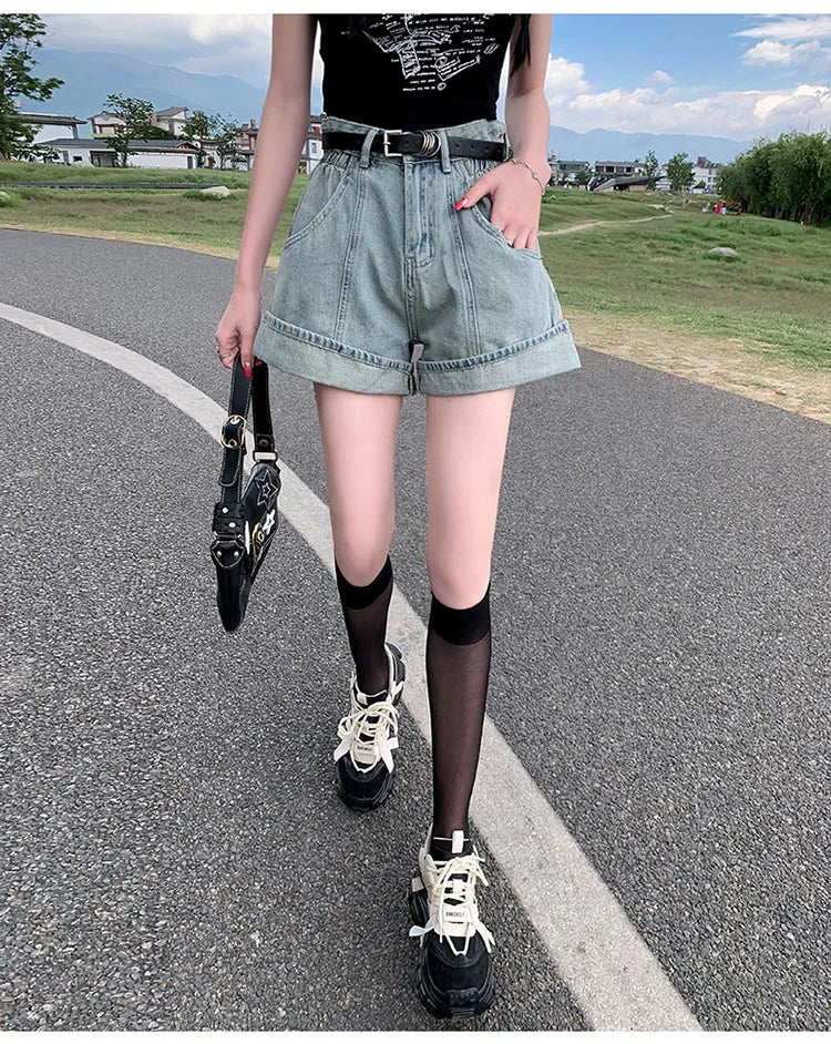 Women's Wine Red Denim Shorts High Waist Wide Shorts Harajuku Streetwear Korean Style Y2k Casual Blue A Line Jean Shorts Summer