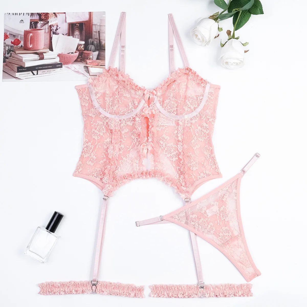 Sheer Pink Lingerie Set Frilled Lace Bralette Transparent High Waist Panty Garter Belt Bridal Romantic Seductive Underwear Women