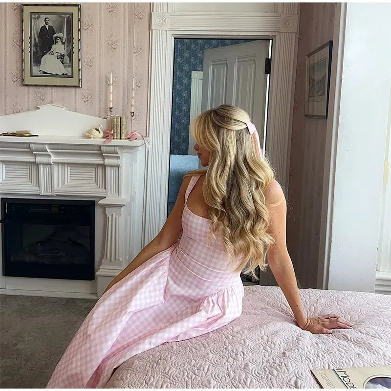 Women Fashion Plaids Pleated High Waist A-line Dress Elegant Sleeveless Backless Slim Long Dresses Summer New Party Streetwear