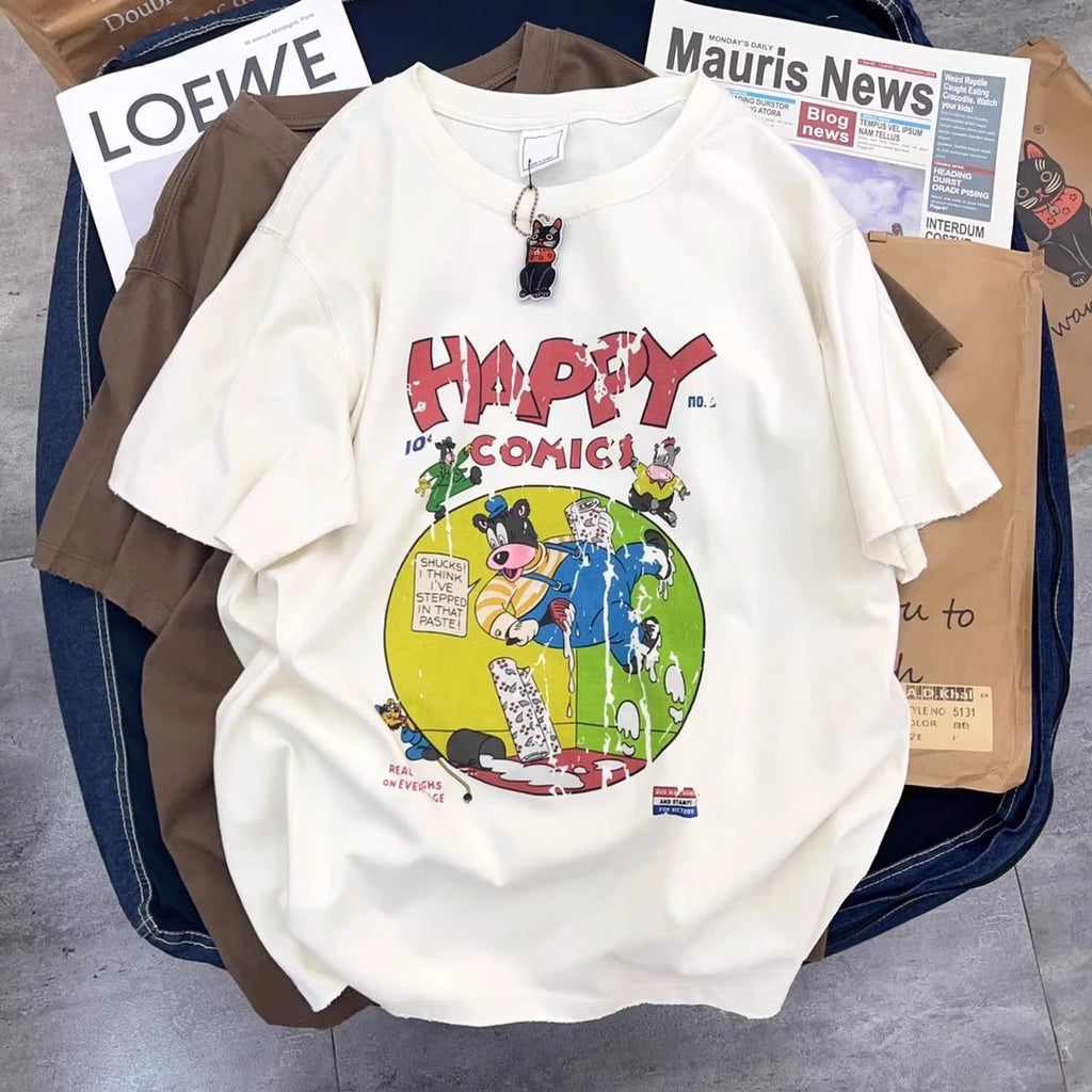 Retro Japanese Cartoon Print Loose ort Sve T-irt Women's Summer Korean Sle Chic Hong Kong Sle Student f Sve Top