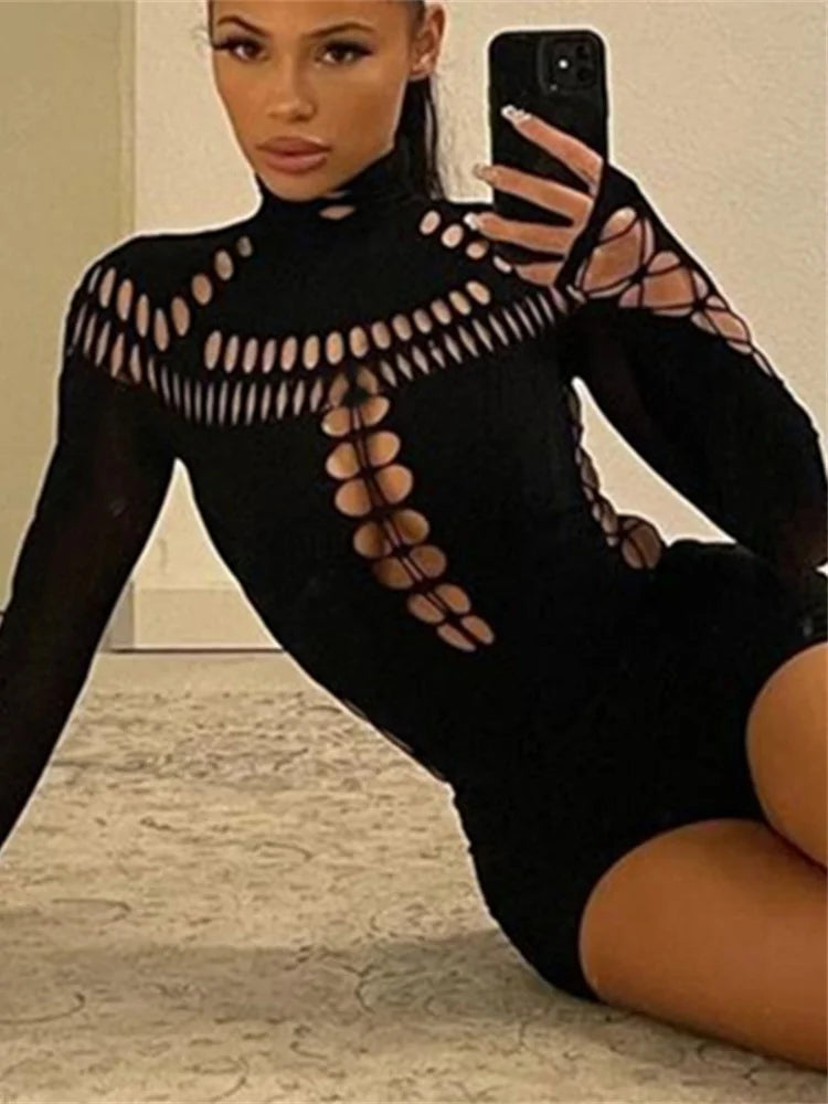 nibber Hollow Out Women Bodysuit Criss-Cross Full Sleeve Autumn Trend Skinny Sexy Solid Rave Party Club Streetwear Y2K Outfit