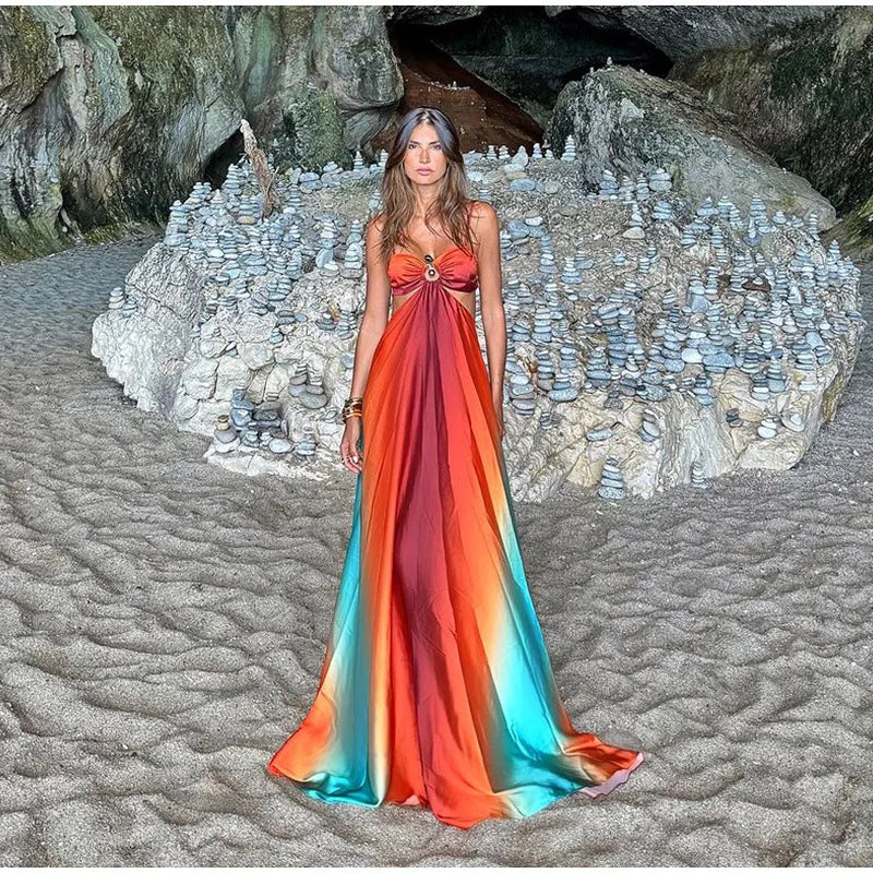 Summer New Colorful Print Beach Dress For Women Sexy Hollow Out High Waist Pleated Maxi Dresses 2025 Vocation Female Vestidos