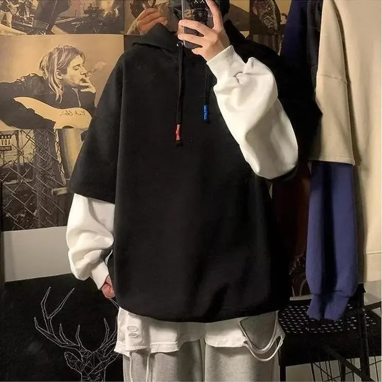 Two-piece Illusion Sweatshirt Men's Hooded Autumn/winter Trendy Brand Ins Hip Hop Top Oversize Niche High Street Jacket