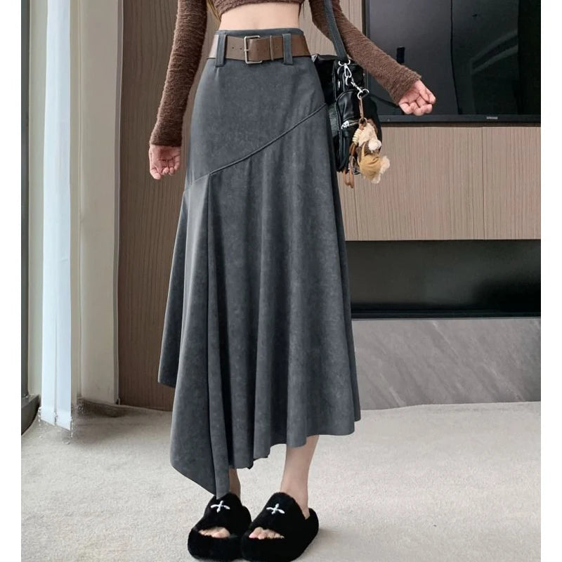 Women Clothing Autumn Korean Fashion Vintage High Waist Asymmetrical Skirts Female Elegant Chic Tie Dye Slim Long Skirt Faldas