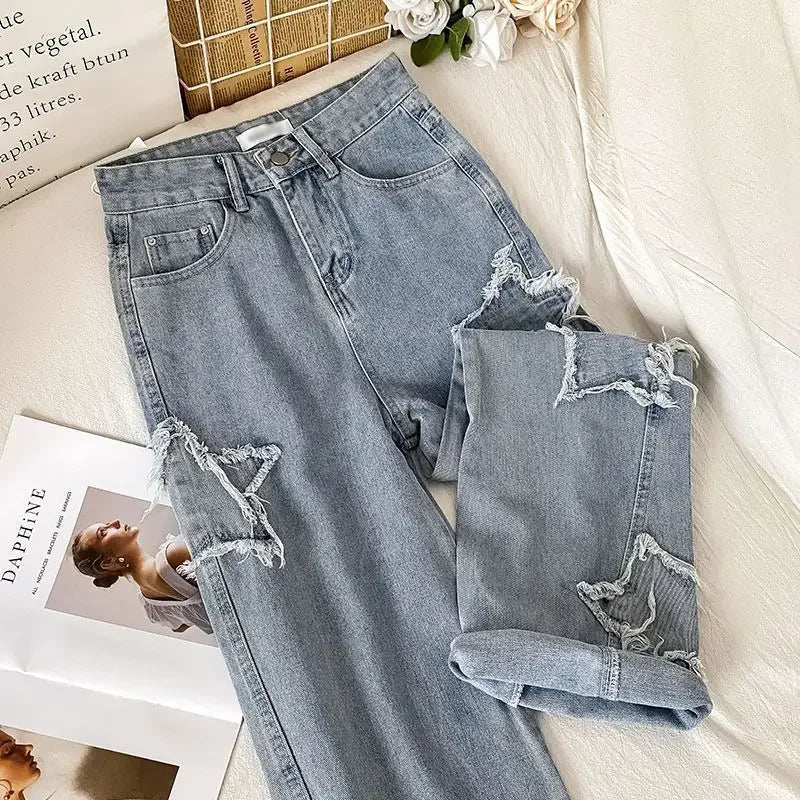 Street Style Embroidered High Waist Straight Leg Jeans Women's Autumn New Design Niche Loose Fit Long Trousers Fashionable