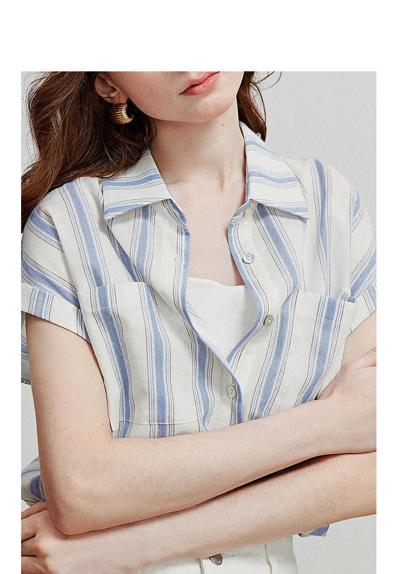 TOYOUTH Women Blouse Shirt 2025 Summer New Blue and White Striped Sleeveless Turn Down Collar Casual Shirt Tops 8522042