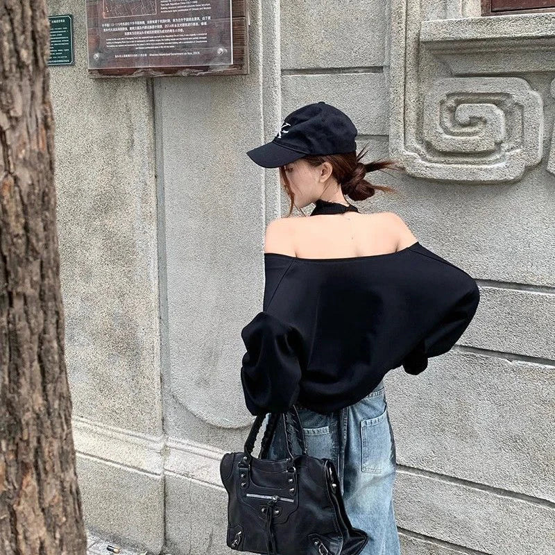 Zoki Sexy Halter Sweatshirt Women Streetwear Off Shoulder V Neck Pullovers Vintage Loose Backless Design Female Korean Tops New