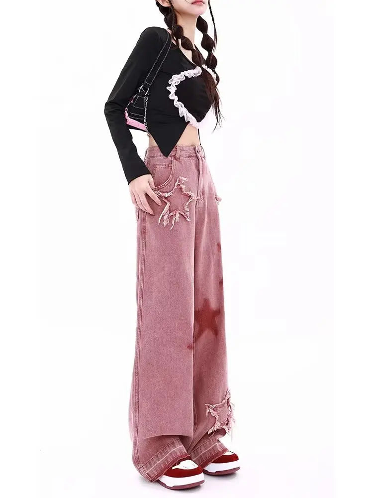 American Retro Jeans Five-point Star Raw Edge Splicing Loose Wide-leg Jeans Women Look Thin Trendy All-match Mopping Pants Women