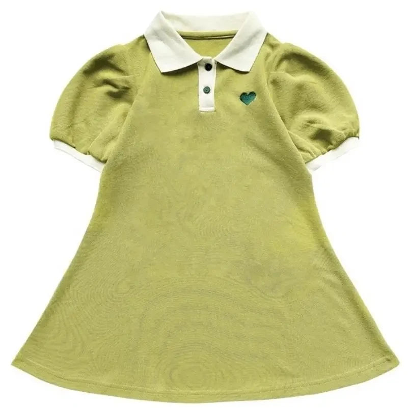 2024 New Children's Summer Dress Girl's Korean Edition love Bubble Sleeves Flip Collar Dress 1-12 Year Old Princess Dress