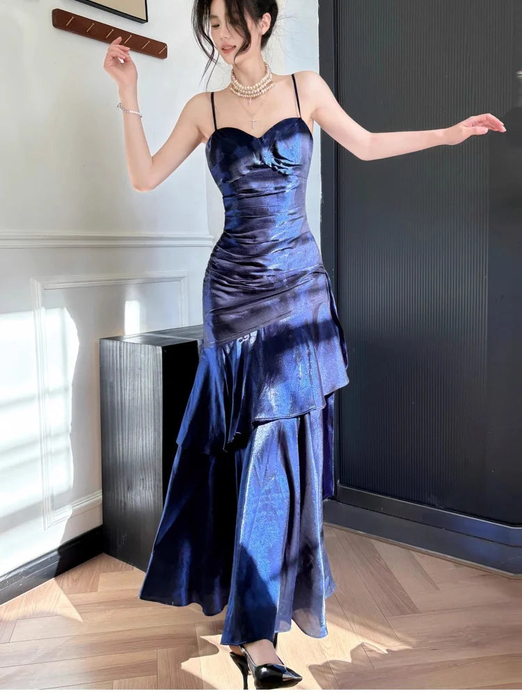 Elegant Romantic Party Women's Spaghetti Strap Dress Female Blue Ruffles Slim Fit Mermaid Dresses Chic Banquet Formal Gown