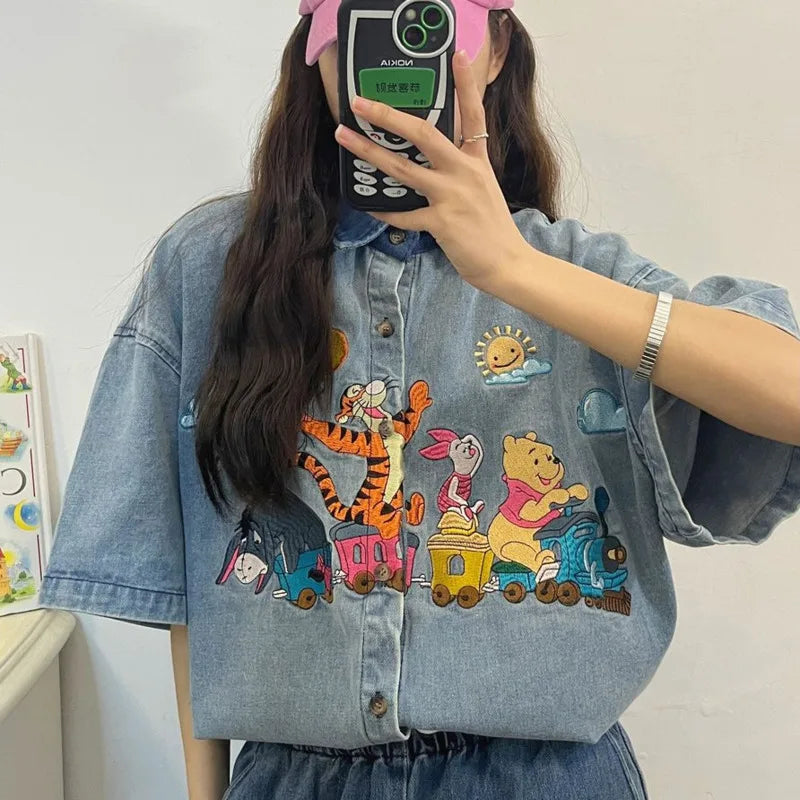 Disney Winnie The Pooh Antique Style Niche Childlike Fun Embroidery Denim Shirt Womem's Summer Loose Shirt Casual Versatile Top