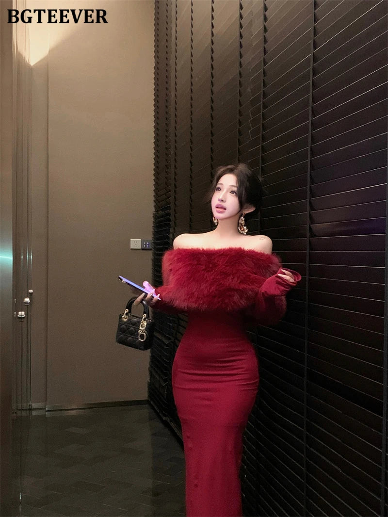 BGTEEVER Autumn Winter Fashion Slash Neck Ladies Skinny Package Hip Sweater Dress Elegant Long Sleeve Female Slim Knitted Dress