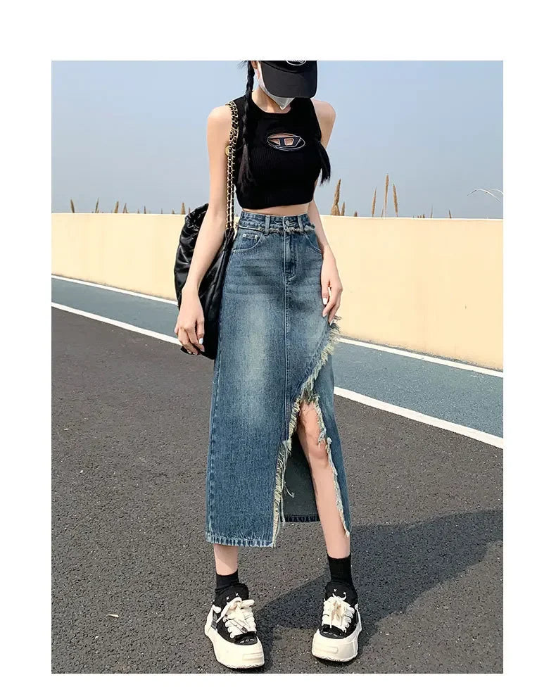 Fashionable Denim Skirt For Women High-waisted A- line Hip Covering Long Dress Casual Style Perfect For Summer 2024