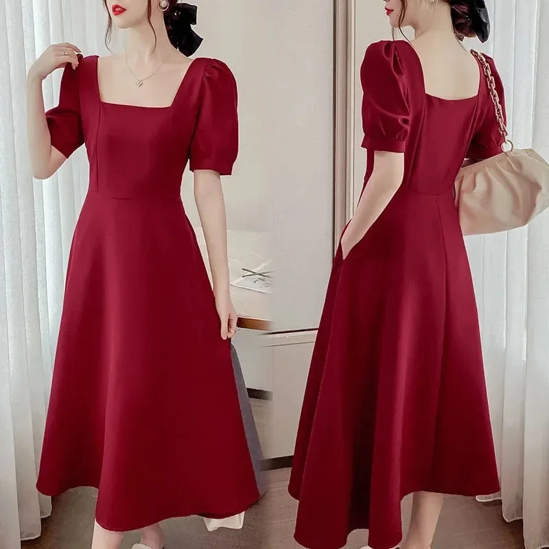 Summer French Vintage Hepburn White Long Dress Slimming High Waist Square Neck Bubble Skirt Women's Fashionable Knee-Length Dres