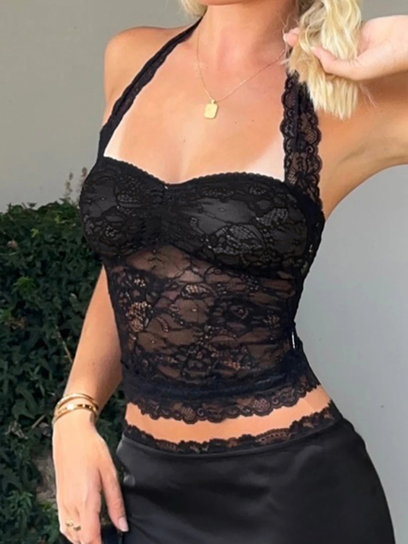 Cuteandpsycho Sexy Lace Patchwork Y2K Camisoles Backless Transparent Slim Outfits Party 90s Vintage Clubwear Halter Neck Tops