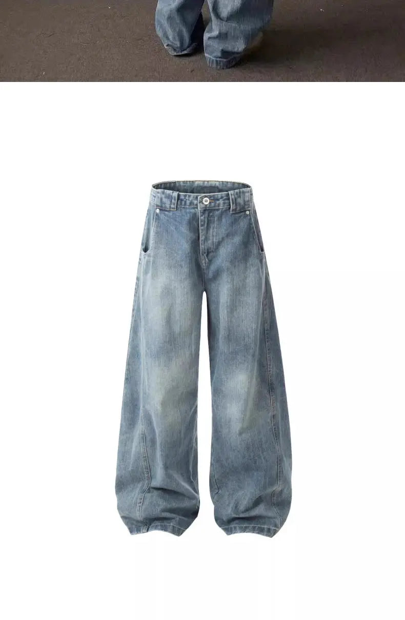 High street American men and women trendy hip-hop washed curved knife jeans for couples loose retro wide leg casual pants y2k