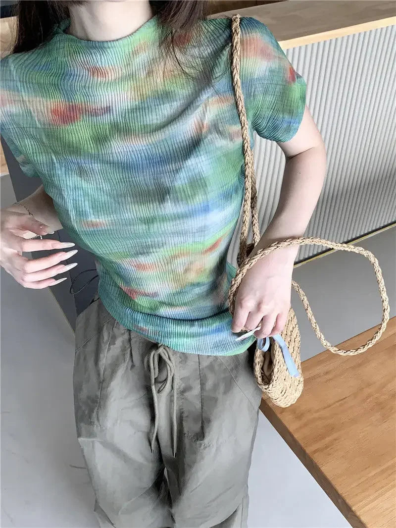 Turtleneck Woman Tops Tie DyeT Shirt for Women Japanese Vintage Fashion Korean Reviews Many Clothes Harajuku Clearance Basic