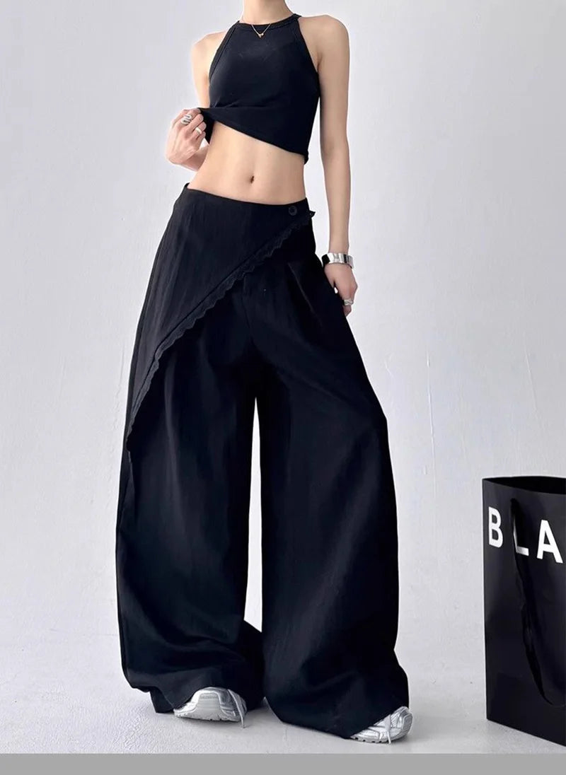 Zoki High Waist Streetwear Loose Pant Women Vintage Loose Design Wide Leg Trousers Casual All Match Summer Bf Hip Hop Pants New