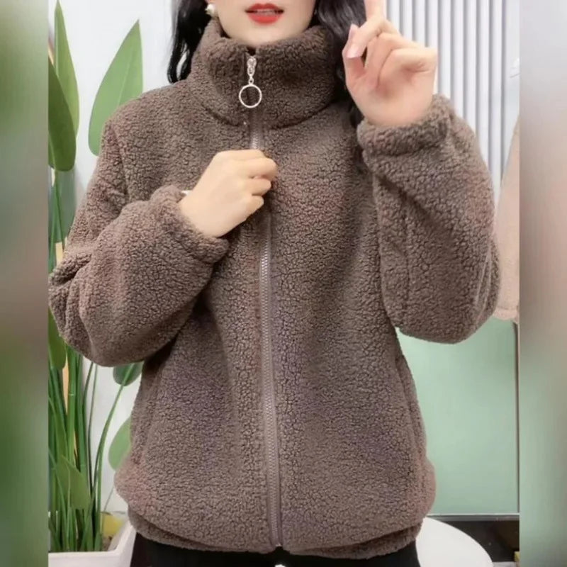 Thickened Fleece Winter Jacket Warm Cotton Clothes Anti-Aging Women's Loose Slimming Top High Collar Full Sleeve Polyester Fiber