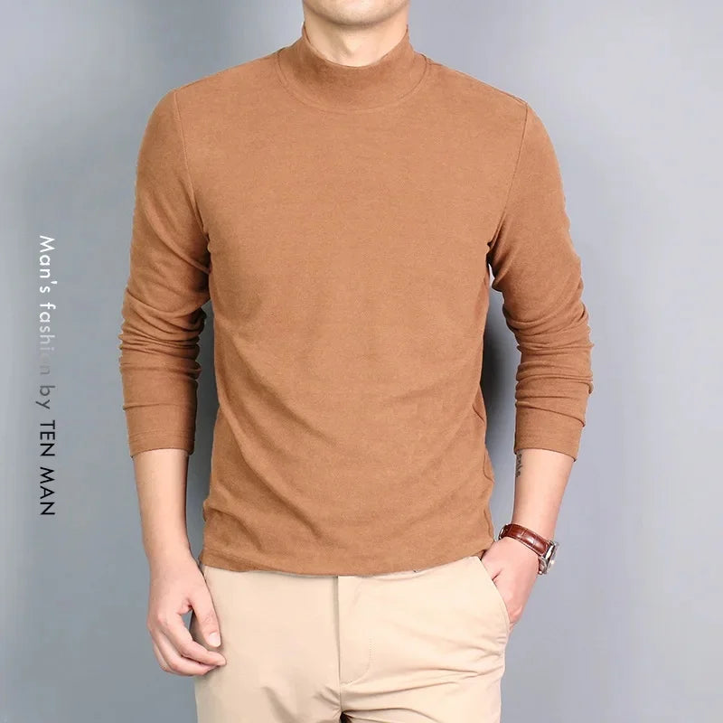 Men's Versatile Warm Flannel Double-Sided Inner Layer Top Half Polo/Turtle Neck Solid Color Long Sleeve Casual Spring Autumn