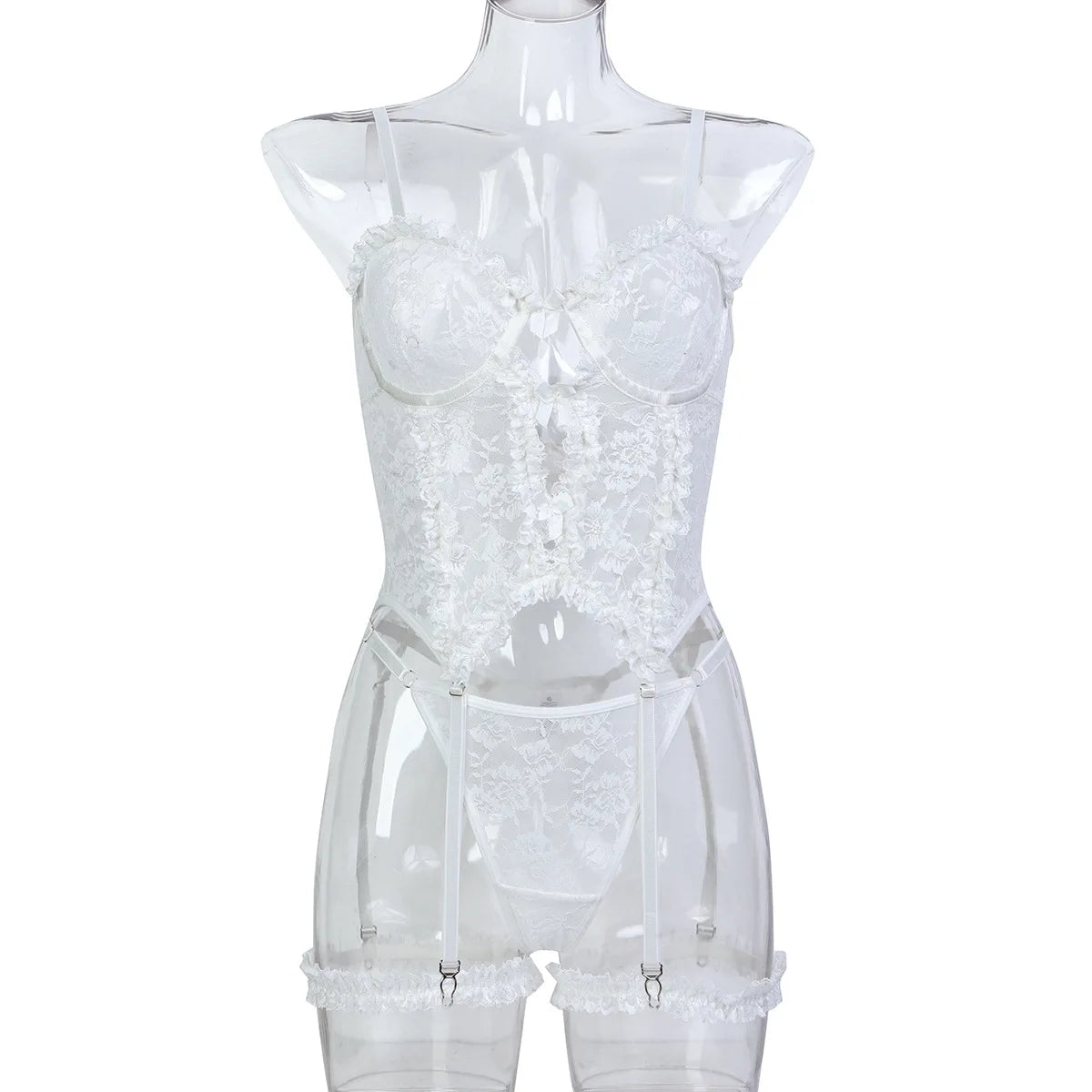 Sheer Pink Lingerie Set Frilled Lace Bralette Transparent High Waist Panty Garter Belt Bridal Romantic Seductive Underwear Women