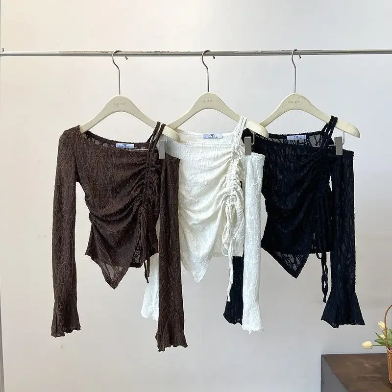 Elegant Shoulder Bared Bell Sleeve One Shoulder Women's Short Top Korean Style Gentle T Shirt for Autumn Fashion Ladies' Wear