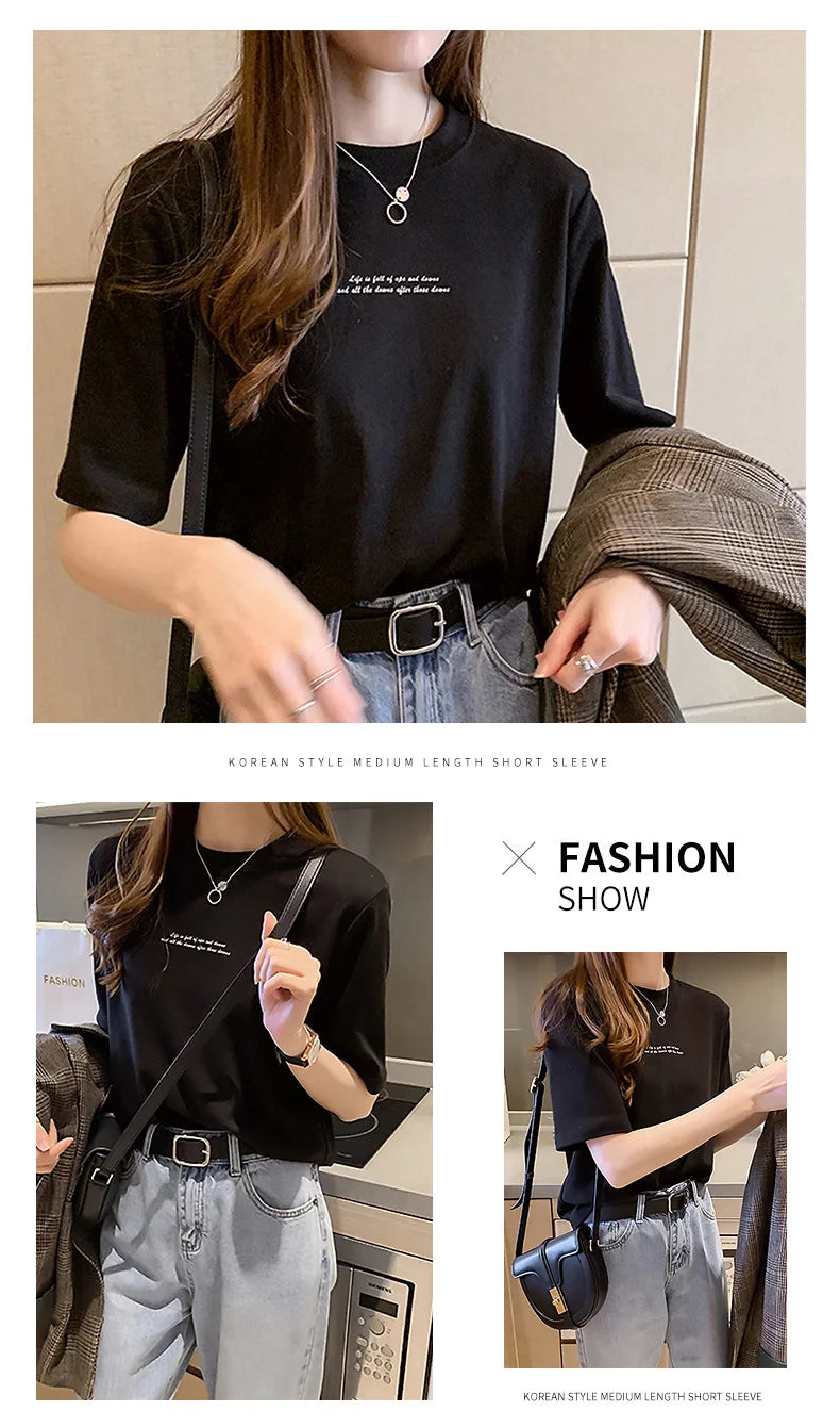 2024 Summer New Style Women's Short Sleeve T-Shirt Loose Fit Korean Version Round Neck Base Layer Top Trendy Women's T-Shirt