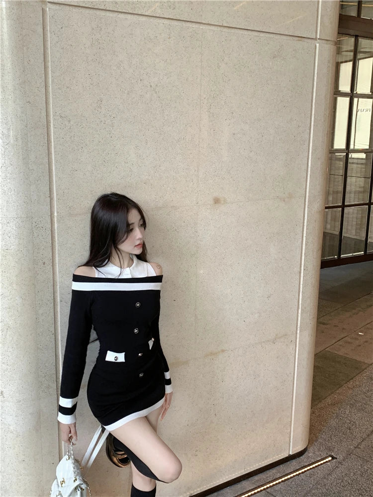 Hot Girl Off Shoulder Long-sleeved Knitted Dress Women's Autumn Fake Two-piece Shirts Spliced Sexy Wrapped Hip Short Dress