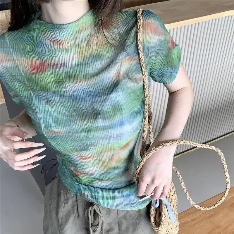 Turtleneck Woman Tops Tie DyeT Shirt for Women Japanese Vintage Fashion Korean Reviews Many Clothes Harajuku Clearance Basic