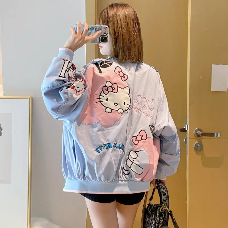 Cartoon Hellokitty Y2k Baseball Jacket Button American Retro Coats Embroidery KT Cat Harajuku Jacket Women Oversized Coat
