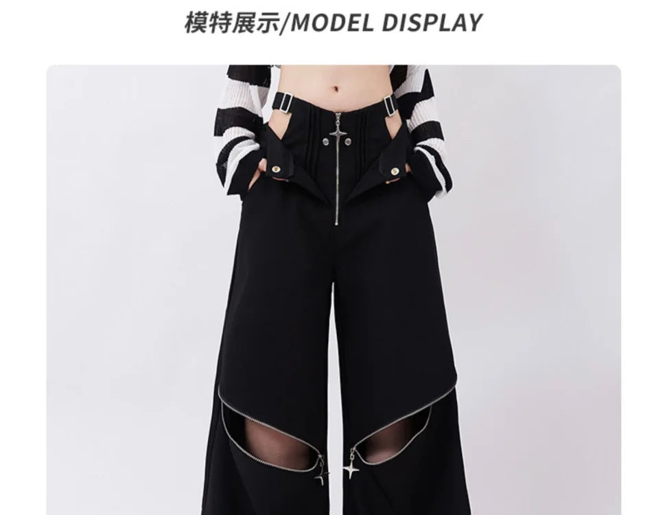 Hollow Out Zipper Design Pants Black Cargo Sweatpants Women Y2k Fashion Baggy High Waist Wide Leg Sport Pants Causal Trousers