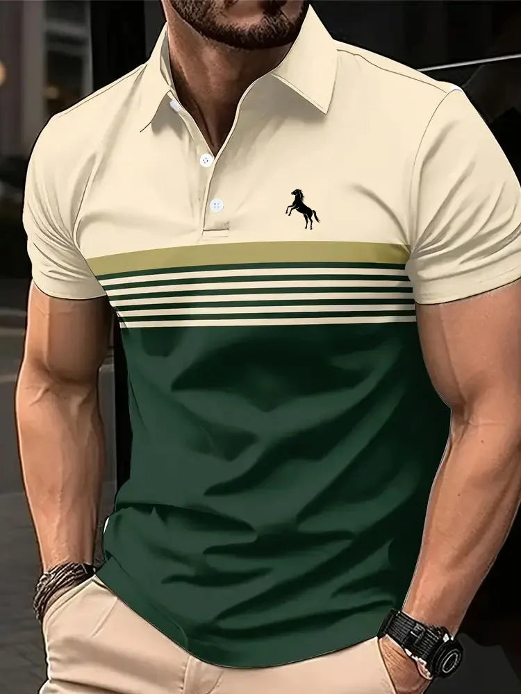 Men'S Casual Short Sleeve Polo Shirt with 3D Horse Print Striped Color Block Design Sporty Style Collared Golf Shirt for Summer