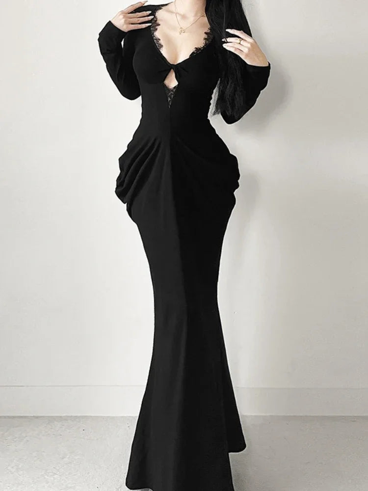 AltGoth Fairycore Grunge Elegant Midi Dress Women Mall Gothic Sexy Lace Patchwork Hollow Out Long Sleeve High Waist Corset Dress