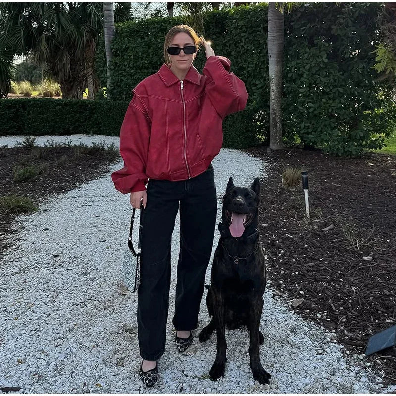 Women's Artificial Leather Short Jacket Retro Red Linen Coat Spliced Zipper Jacket Autumn Women's Lapel Pocket Street Sportswear