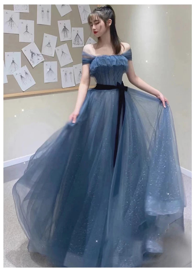 New greydish blue long sweat lady girl women princess bridesmaid banquet party prom dress gown
