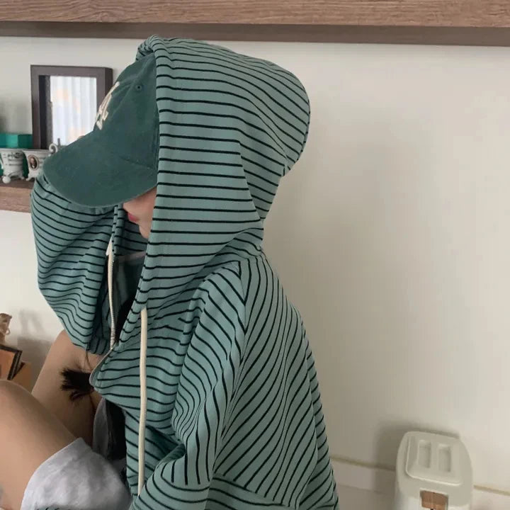Spring 2025 Women's Chic Loose Casual Lazy Sle Striped Hooded Jaet with ket Open Cardigan Sweatirt Comfortable Fit