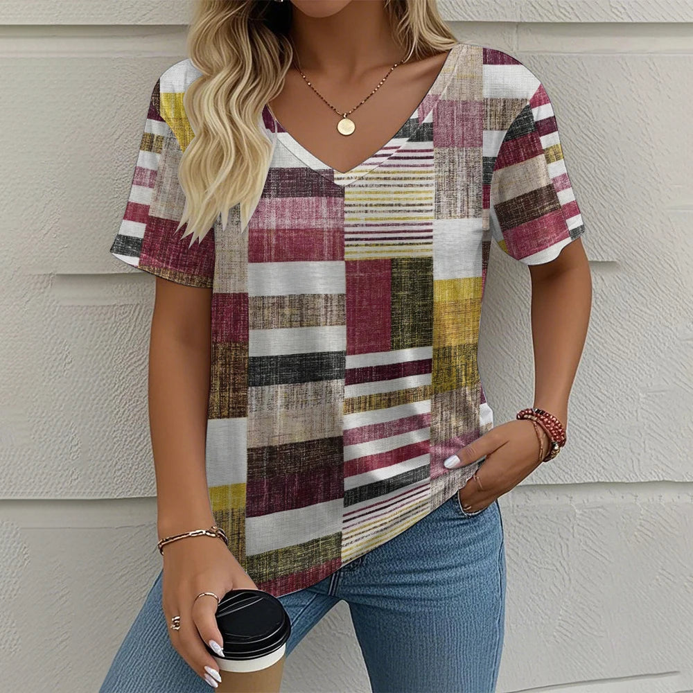 Summer Vintage Women's T-shirt Casual Plaid Pattern Printed Clothing Outdoor V-neck Short Sleeve Top Fashion Street T-Shirts