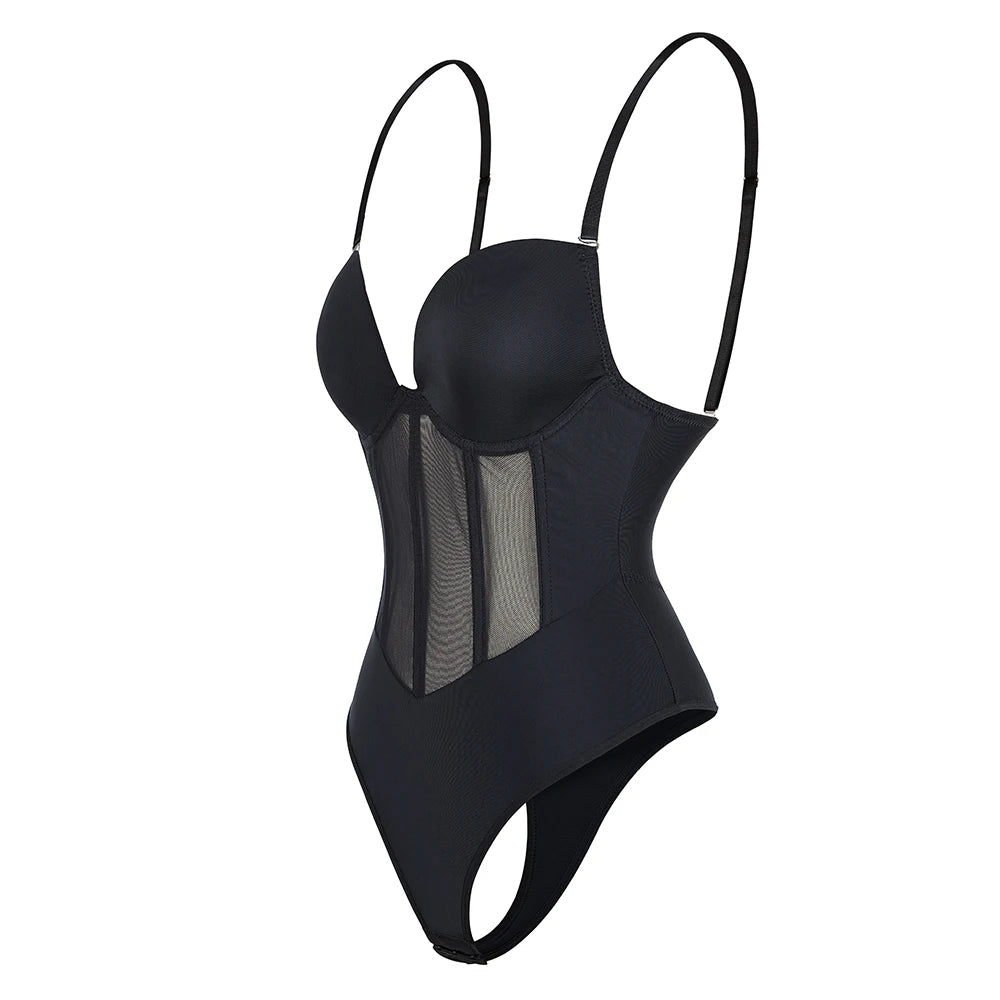 Women's Body Shaper Compression Bodysuit One Piece Backless Shapewear With Bra Corset Slimming Underwear Black Beige