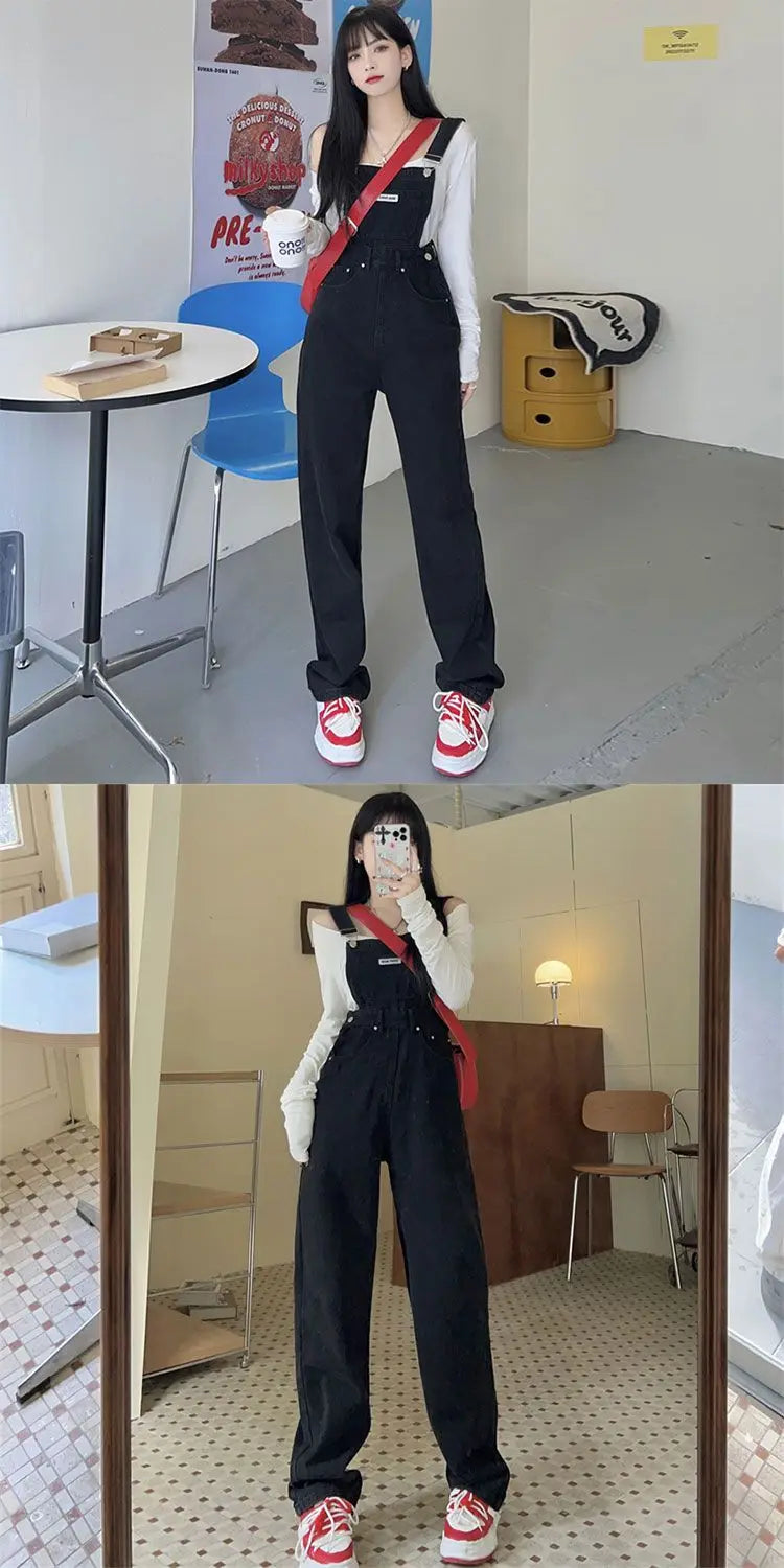 Cool Girl Style Embroidered Spicy Ink Denim Strap Jumpsuits Women's Autumn/Winter Large Loose and Slim Retro One Piece Pants