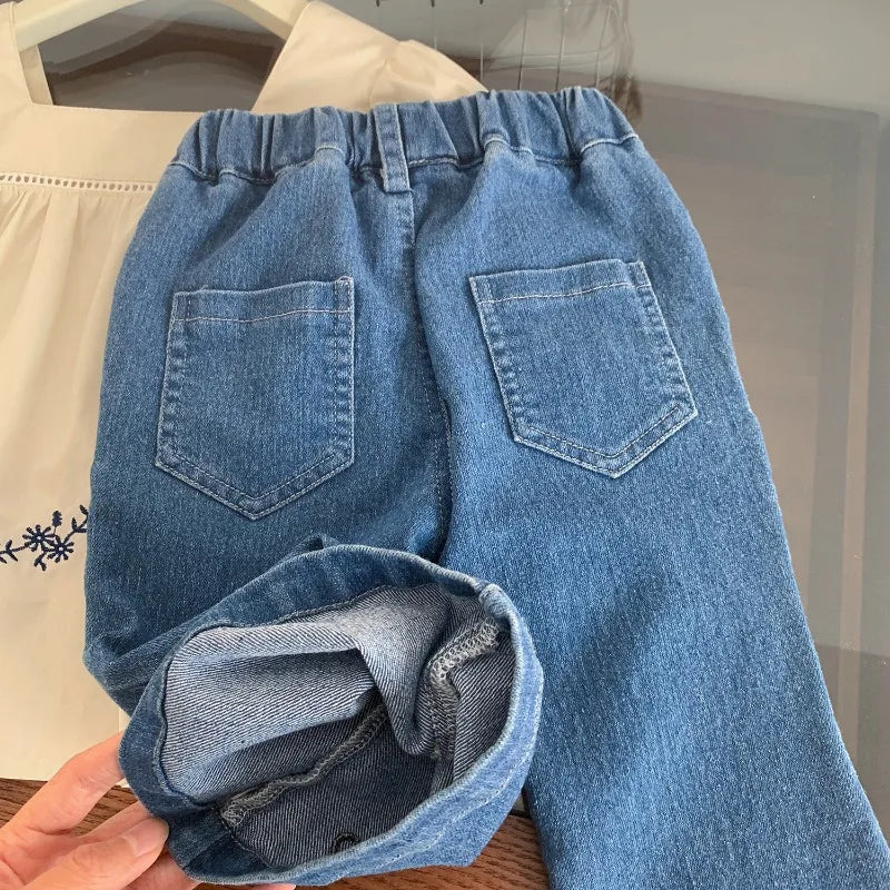 2025 Spring Girls Fashion Clothes Set 2-7 Y Children's Embroidered Square Collar Blouse and Heart Jeans 2Pcs Suit Kids Outfit