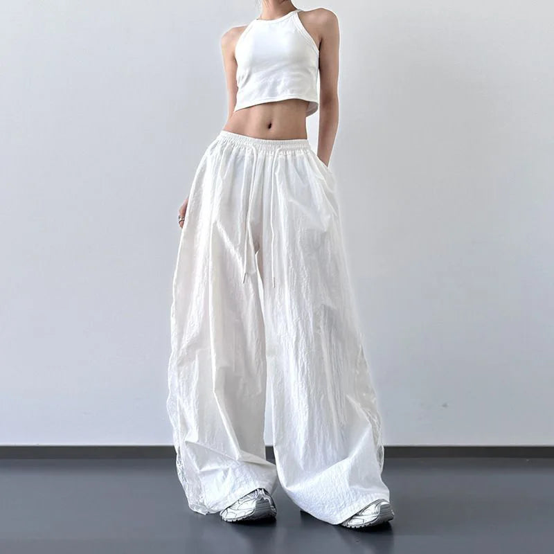 Jmprs Lace Patchwork Wide Leg Pants Women Oversize Streetwear High Waist Vintage Trousers Korean Casual Summer Sweet Retro Pants