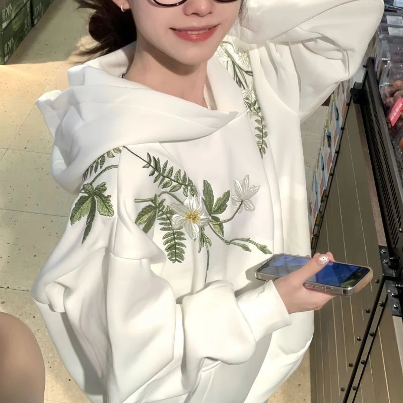 Cotton Floral Embroidery Hooded Sweatshirt for Autumn and Winter Thick American Style New Sweet Pullover Jacket Loose Top