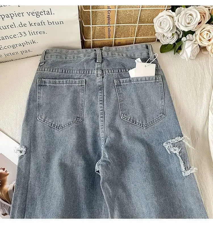 Street Style Embroidered High Waist Straight Leg Jeans Women's Autumn New Design Niche Loose Fit Long Trousers Fashionable