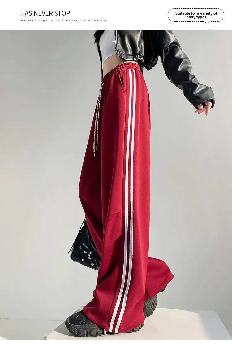 New 2025 American Stripe Sports Pants Women's Spring Autumn Wide Leg Loose Jazz Dance Casual Parachute Long Trousers