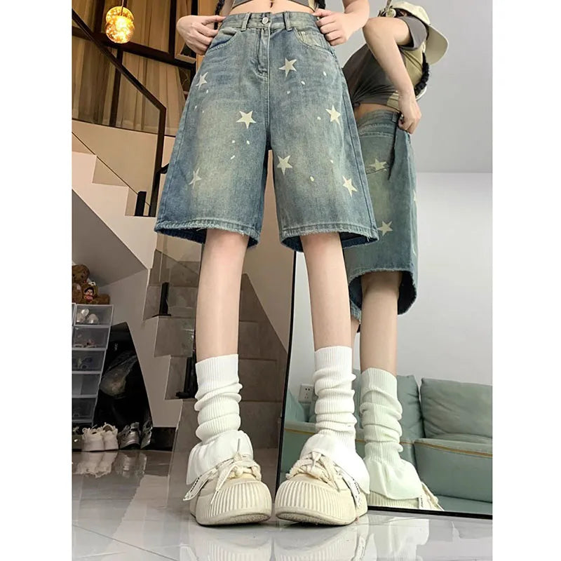 American Style Vintage Women's Short Jeans High Waisted Washed Wide Leg Denim Pants Woman Fashion Do Old Star Knee Length Shorts