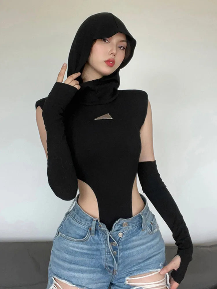 Fashion Solid Color Hooded Bodysuit One Piece Sexy Round Neck Sleeveless Lingerie Sexy Casual Slim Streetwear Festival Outfit